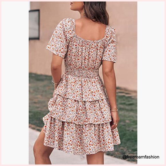 Floral Square Neck Tiered Ruffle Boho Swing Dress Short Sleeve Summer - Picture 3 of 7